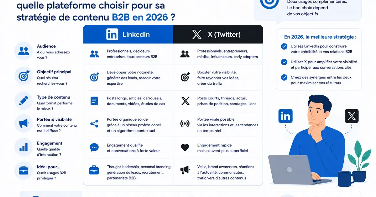 LinkedIn vs X (Twitter) : quelle plateforme choisir pour sa stratégie de contenu B2B en 2026 ?